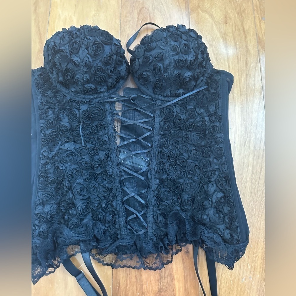 Rene Rofe Black Rose Corset w/ Garters | Sm